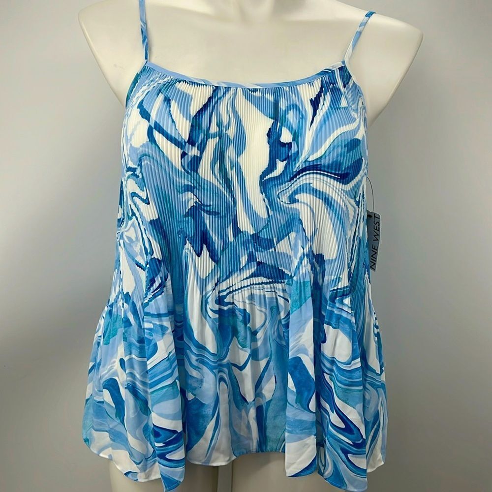 Nine West new blue spaghetti strap abstract print pleated tank top XL